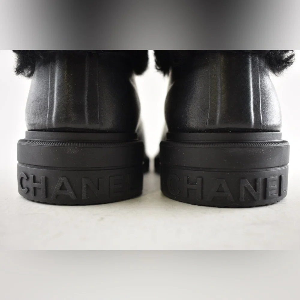 Chanel 24K Black Sheep Shearling Fur Rubber CC Low Top Short Ankle Rain Boots 42 - Picture 15 of 16